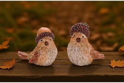 Melrose International Woodland Bird with Acorn Hat Figurine (Set of 2)