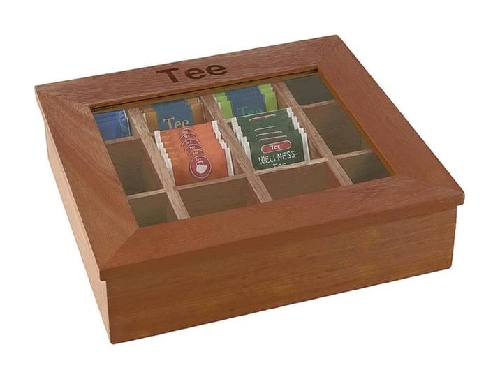 Teebox APS mit 12 Kammern , braun (dunkelbraun), B:28cm H:9cm L:30cm, Holz, Lebensmittelaufbewahrungsbehälter, Teebox, Teebox mit Sichtfenster und der Aufschrift Tee
