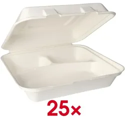 Papstar Menübox 3-geteilt 24x24 cm aus Zuckerrohr 25 Stück weiß, 24x8x24 cm