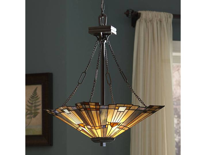 QUOIZEL Tiffany Hängeleuchte Inglenook, dimmbar, bronze / altmessing, für Wohn- / Esszimmer, Metall, Tiffany