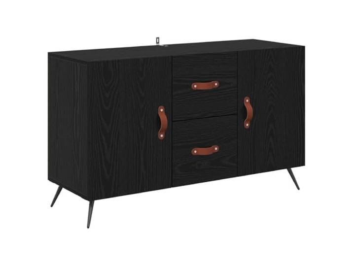 Sideboard Schwarz Eichen-Optik 100 x 36 x 60 cm Holzwerkstoff Ledergriffe, konische Metallbeine, Scharniertüren, Regale, Wohn- und Essbereich, minimalistischer Stil, Holztextur