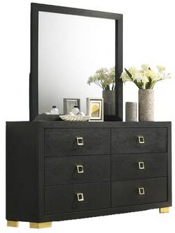 Benjara Lati Wide Dresser, 6 Drawers, Modern Black Wood, Gold Metal