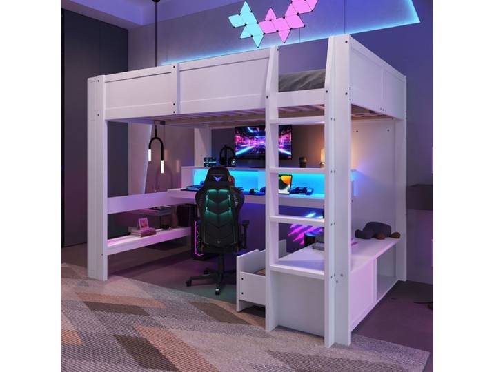 Lit mezzanine avec bureau - SOGEU - Lit mezzanine Gaming 140x200 - LED 16 couleurs - Tiroirs & étagères - Blanc