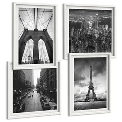BILDER SET 4er Set - 50x50 cm & 40x60 cm Weißer Rahmen - Monochromatische Brückentürme