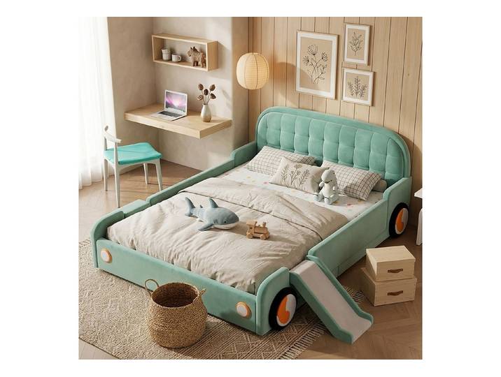 KEFEYA Kinderbett mit Rutsche & Treppe, Autobett (links/rechts montierbar, gepolstertes Spielbett mit Fallschutz, für Kinderzimmer & Jugendzimmer, 90x200/140x200 cm, 1-tlg)