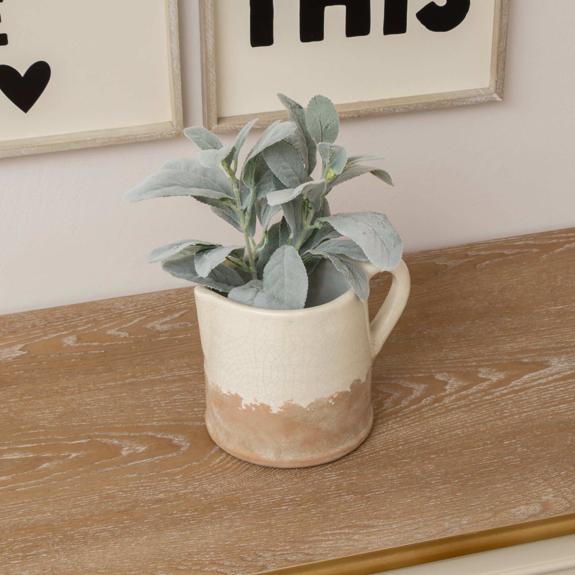 Cream & Terracotta Glazed Jug Vase - 19cm x 15.5cm Resin, Terracotta