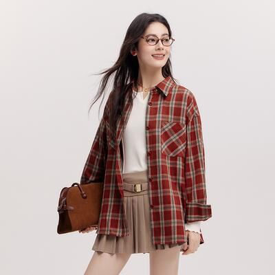 On Spot Shop Semir Women's Shirt, Vintage Checkered Top, Oversize Long Sleeve, Mid Long Style, Spring New Fashion red xs