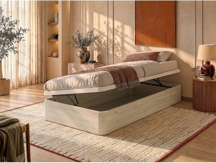 Bettgestell mit Bettkasten 90 x 190 cm mit seitlicher Öffnung - Cremeweiß - MOKI von YSMÉE