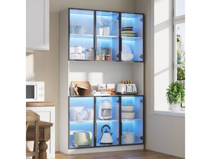 Grande Vitrine LED Blanche 120x34x200 cm Armoire de Rangement avec 6 Portes en Verre et Éclairage LED