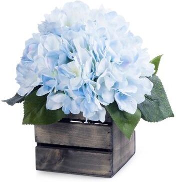 Enova Home Artificial Silk Hydrangea Fake Flowers Arrangement in Wood Planter for Home Office Wedding Decoration