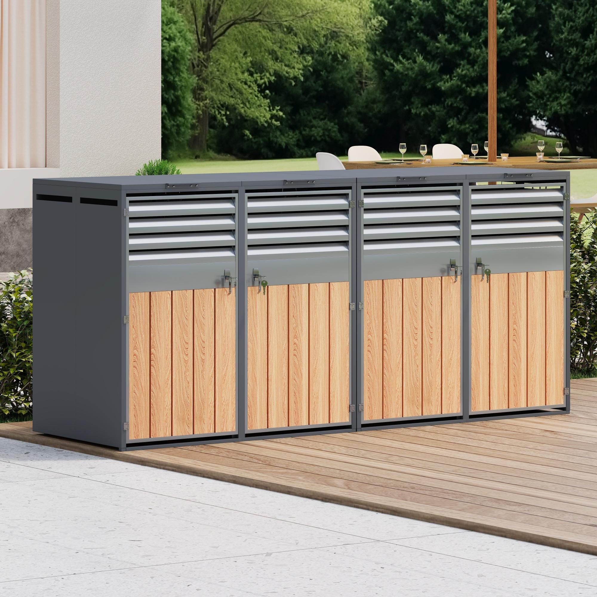 Merax 2er-Set Mülltonnenbox mit Klappdeckel, Mülltonnenverkleidung mit Lüftungsschlitze und Holzoptik, 2 Fächer, abschließbare Müllbox für Garten