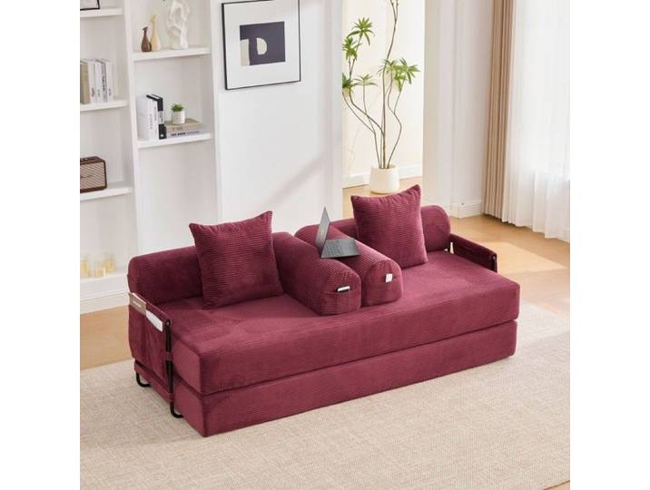 Canapé Modulable 3 Places Velours Côtelé Bordeaux - Cadre Métal & 3 Coussins - Sofa Design avec Rangement - Idéal Salon & Studio