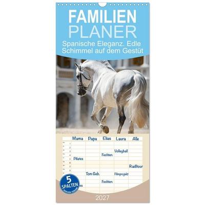 Familienplaner 2027 - Spanische Eleganz. Edle Schimmel auf dem Gestüt mit 5 Spalten (Wandkalender, 21 x 45 cm) CALVENDO