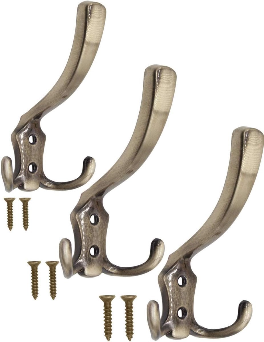 Set van 3 kledinghaken met klassieke antieke messing look voor jassen en hoeden