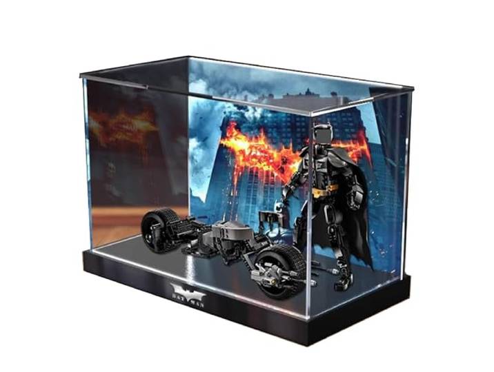 HCAEIOFJ Transparente Acryl-Vitrine für Lego DC 76273, anwendbar für Batman & The Bat-Pod Fahrrad-Schaukasten, Geschenk (nur Vitrine) (hoch unten + Hintergrund 1)