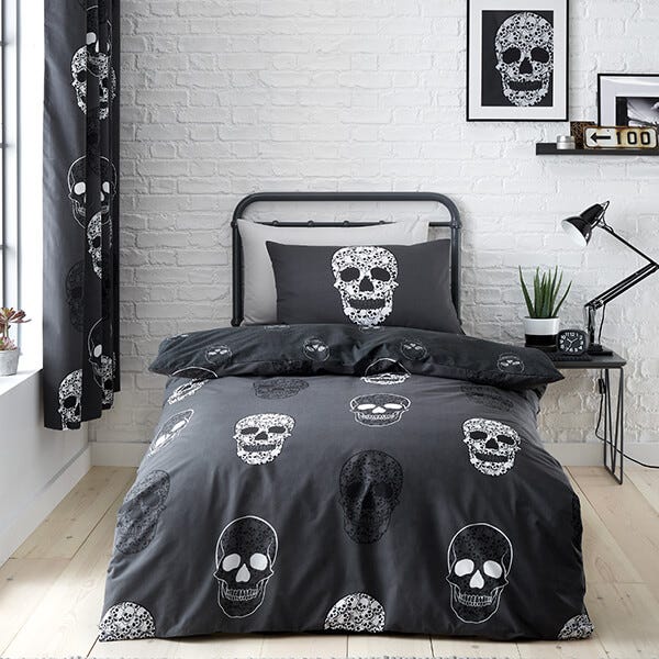 Catherine Lansfield Childrens Skulls Single Duvet Set Grey