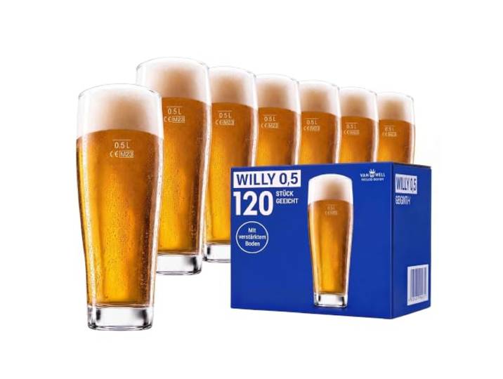 Van Well Willibecher 0,5l 120 Stk - Premium Biergläser 0,5 Liter - Robustes Bierglas, Spülmaschinengeeignet, Geeicht - Pint Gläser in Gastronomiequalität - Trinkglas 500 ml für Gastronmie und Zuhause