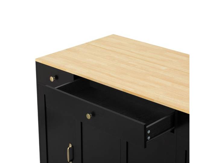 MEULVA Buffet de cuisine 136 cm noir avec 3 tiroirs 2 portes étagères et plateau couleur bois