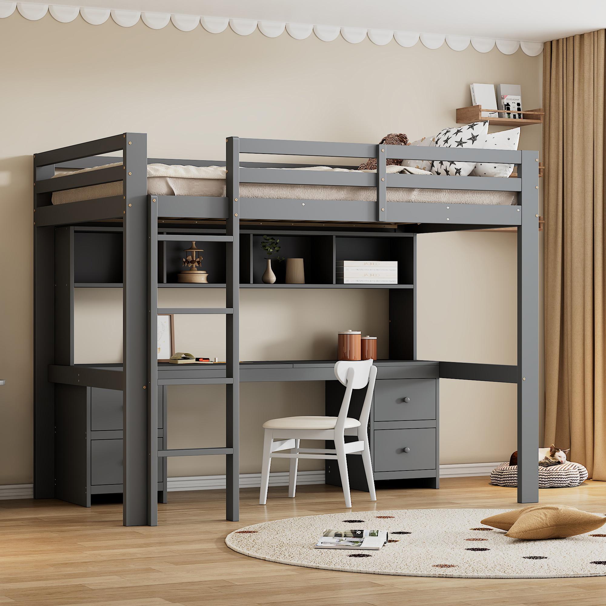 Flieks Etagenbett 90x200cm mit Schreibtisch und Schrank, Hochbett mit Regal, Kinderbett Jugendbett mit Lattenrost, Stockbett mit Leiter, Holzbett Grau