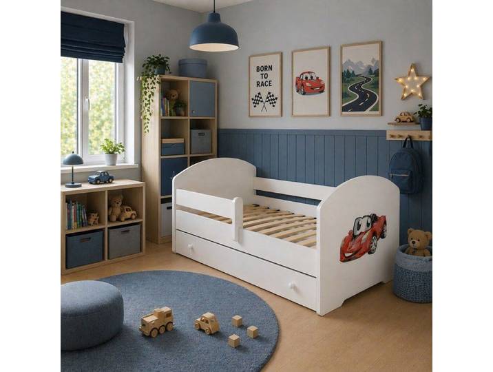 Lit enfant LUK avec tiroir et graphisme voiture – sans matelas sécurisé et fonctionnel 160x80 cm