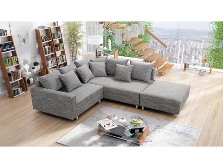 Kuechen-preisbombe Wohnlandschaft Sofa Couch Ecksofa Eckcouch Gewebestoff hellgrau + Hocker Minsk R
