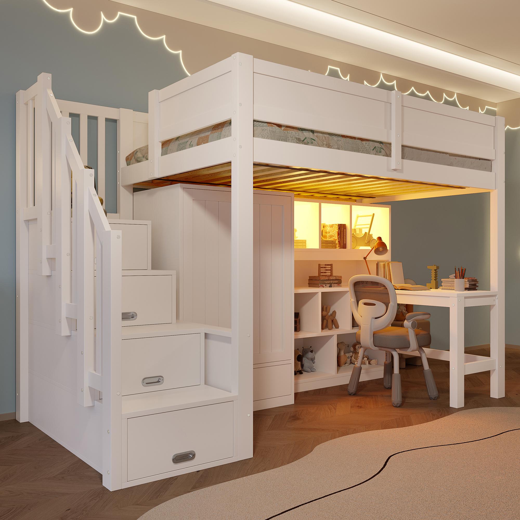 90x200 Hochbett mit Schreibtisch und Regal, Kleiderschrank, Stauraumtreppe und LED-Leuchten, weiß