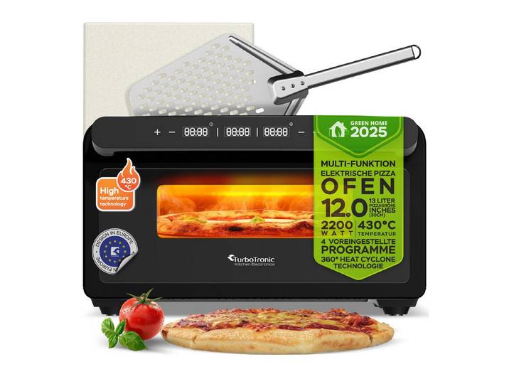 TurboTronic by Z-Line Minibackofen 2000 W digitaler Pizzaofen elektrisch 430 Grad 30cm Pizzastein 2Min, Pizzaofen für Zuhause Tisch Pizzabackofen Neapolitan