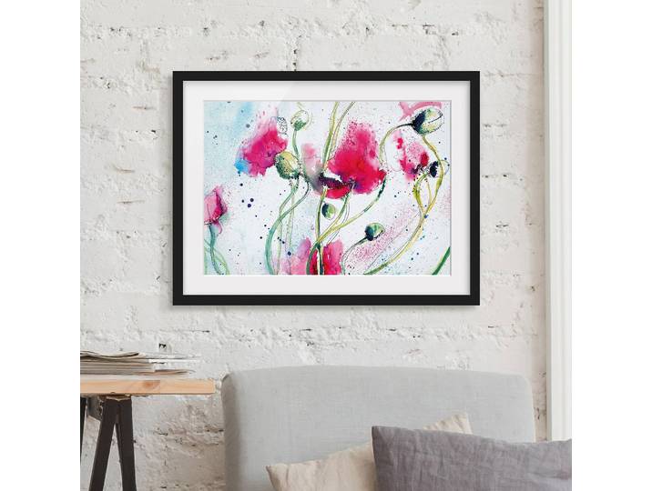 Tableau déco Poppies II Papier Cadre : placage en bois véritable Pin Mauve 100 x 70cm