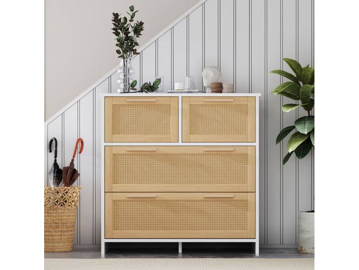 Commode en MDF à 4 tiroirs effet rotin naturel et blanc