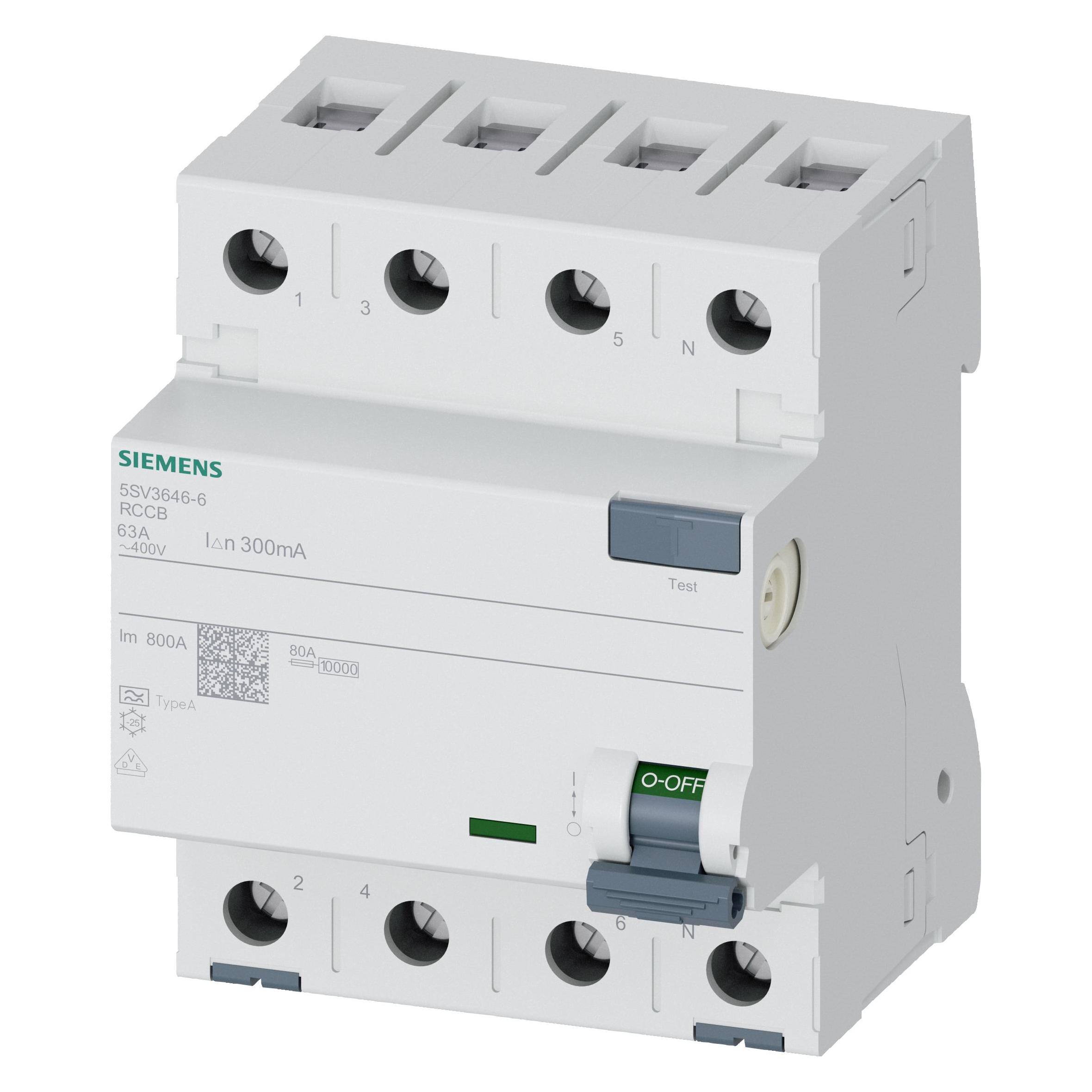 Siemens RCCB Type A 63A 3+N-pole 300mA 400V 4mW (5SV3646-6)