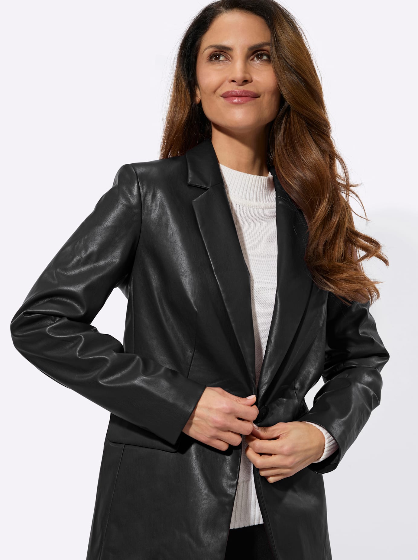 Lederimitat-Blazer INSPIRATIONEN "Lederimitat-Blazer", Damen, Gr. 42, schwarz, 100% Polyester, Blazer Lederimitat-Blazer schwarz 42