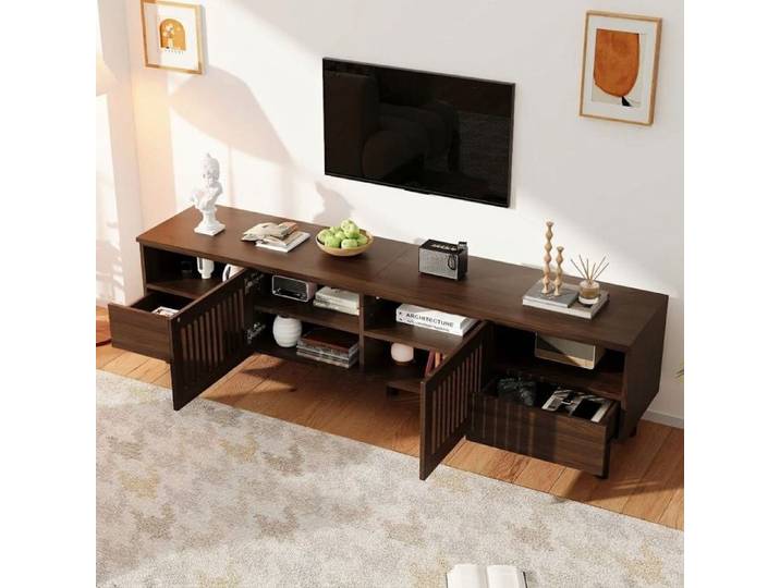 Norevia Meuble TV Noyer 180 cm pour TV jusqu'à 75 Pouces Portes Grillagées et Tiroirs