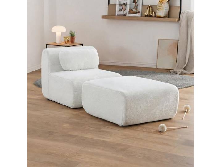 Canapé Compressé Simple Ivoire en Chenille Bouclé - Sans Montage avec coussin et pouf pour Studio et Maison - Antidérapant