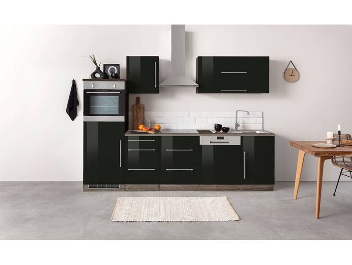 Küchenzeile, Eiche Vintage & Schwarz Hochglanz, 280×200 cm, Mit Induktionskochfeld, Vintage, Kochstation