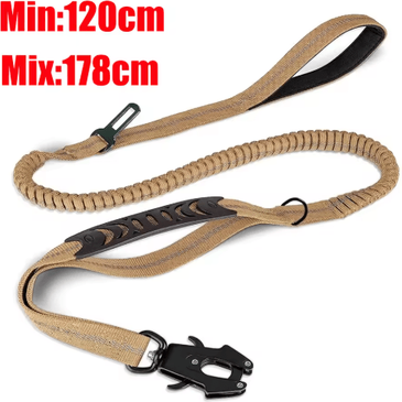 Inspire Picks TitanFlex Reflective Bungee Dog Leash With Built In Car Seatbelt long Khaki