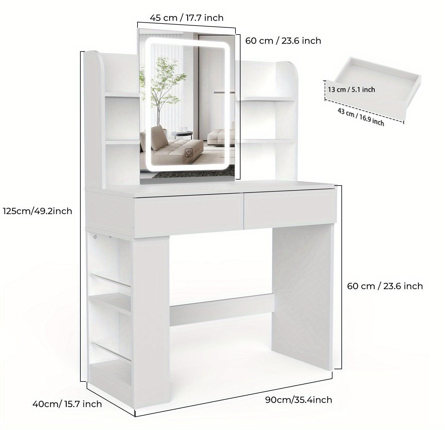 Selius Witte kaptafel met driekleurige LED-verlichting, moderne make-uptafel met spiegel en lade