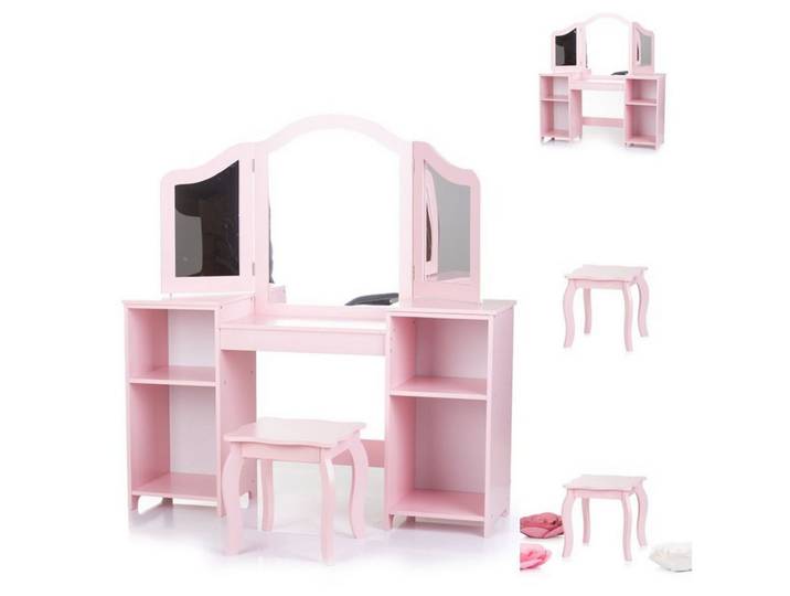 Chipolino Schminktisch Schminktisch mit Spiegel, Holz, Spiegel, Hocker, Stauraum, offene Regale, Kinderzimmer