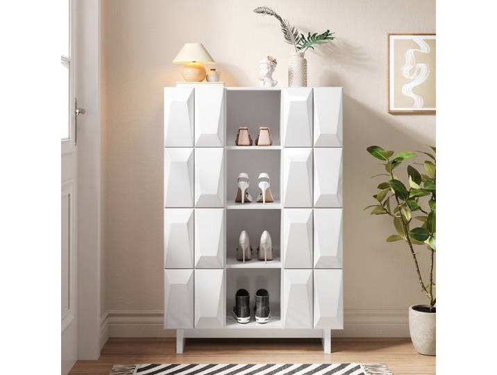 Buffet de Rangement 90 5x34x135 5 cm 4 Portes 12 Compartiments Façades en Relief Niches Ouvertes pour Entrée - Blanc