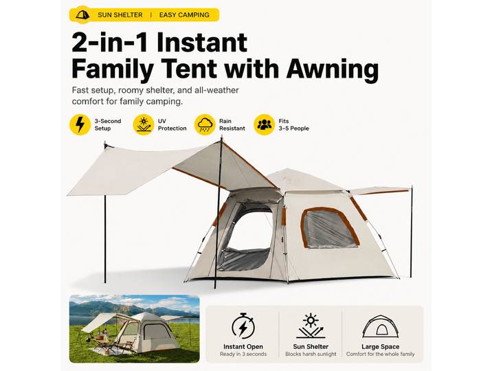 Tente familiale automatique pour 3 à 5 personnes, construction instantanée en 3 secondes, tente de camping pop-up avec auvent UV50 + imperméable