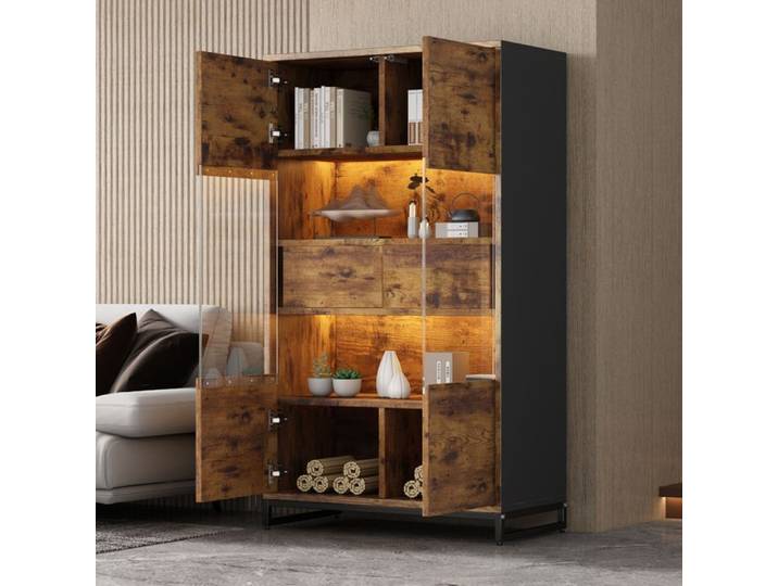 Vitrine LED 80x40x138 cm grand rangement avec 6 compartiments 2 tiroirs 2 portes push Bluetooth MDF noir et bois