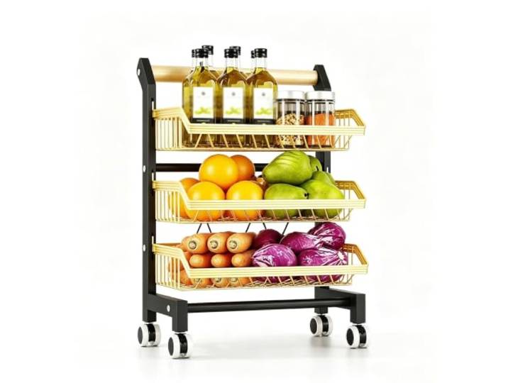 Dexinhdh Rollbarer Vorratswagen mit Ablagen für Snacks und Gemüse Verstellbares Metallregal für Snacks und Gemüse, Küchenorganizer für Obst und Gemüse(Gold,3-Tier)