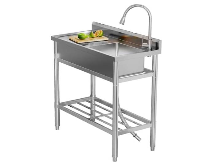Thaookte Freistehende Edelstahl Spültisch, Spüle Mit Unterschrank Und 360 ° Rotatable Faucet, Handelsrestaurant Spüle, Multifunktionswaschtisch Küchenspüle Edelstahl Für Küche Waschküche Restaurant