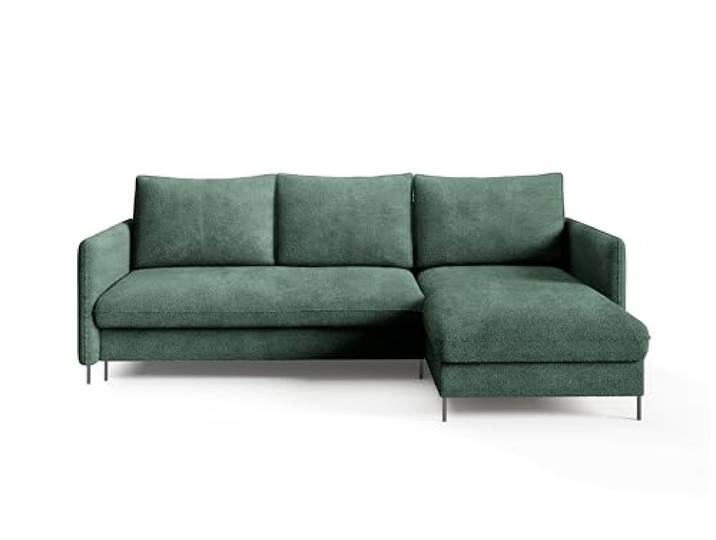 Sofello BELIS Ecksofa mit Schlaffunktion L-förm Liegefläche: 201 x 150 cm Boucle-Velours-Stoff Sofa 3-Sitzer Ecksofa mit Schlaffunktion und Bettkasten (abriamo 09 - grün)