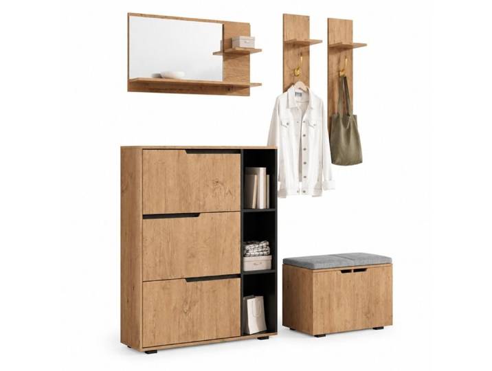 Ensemble vestiaire d'entrée avec meuble à chaussures banc rembourré miroir et patères 150 x 35 x 161 5 cm JOINERY
