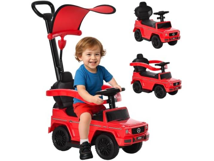 HOMCOM Porteur Enfants Voiture Enfant Multi-Équipée 12-36 Mois Rouge Klaxon\, Marche-Pieds\, Garde-Corps\, Ombrelle