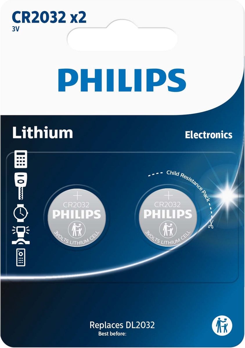 Philips Lithium Knoopcelbatterijen CR2032 - 2 stuks - 3 V