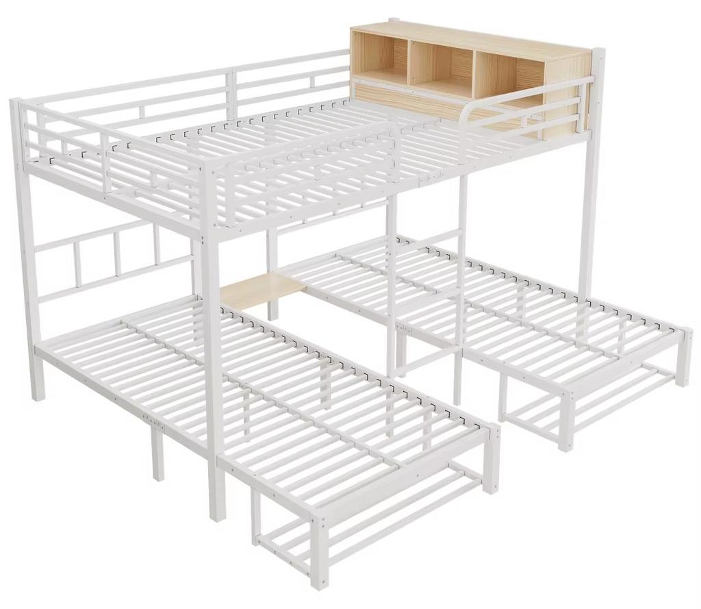 Etagenbett für 3 Personen - Dreibett-Etagenbett - 140x200 + 90x200 cm - Metall/Holz - Sicherheitsgitter - Leiter - Stauraum mit Schuhablage - Weiß/Natur