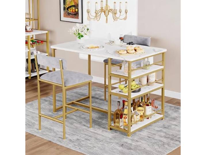 Koioplie Platzsparendes 3-teiliges Bartisch Set für 2 Personen Moderner Küchentisch mit Polsterstühlen 3 Ablagen ideal für kleine Räume Apartments Elegantes Design