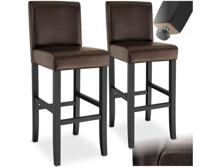 tectake® 2er Set Barhocker, Bistrohocker, Tresenhocker, Barhocker mit Lehne, gepolsterter Barstuhl, Bistrostuhl mit Fußstütze, Holz und Kunstleder, Stuhlbeine aus Massivholz, 107 cm hoch - braun
