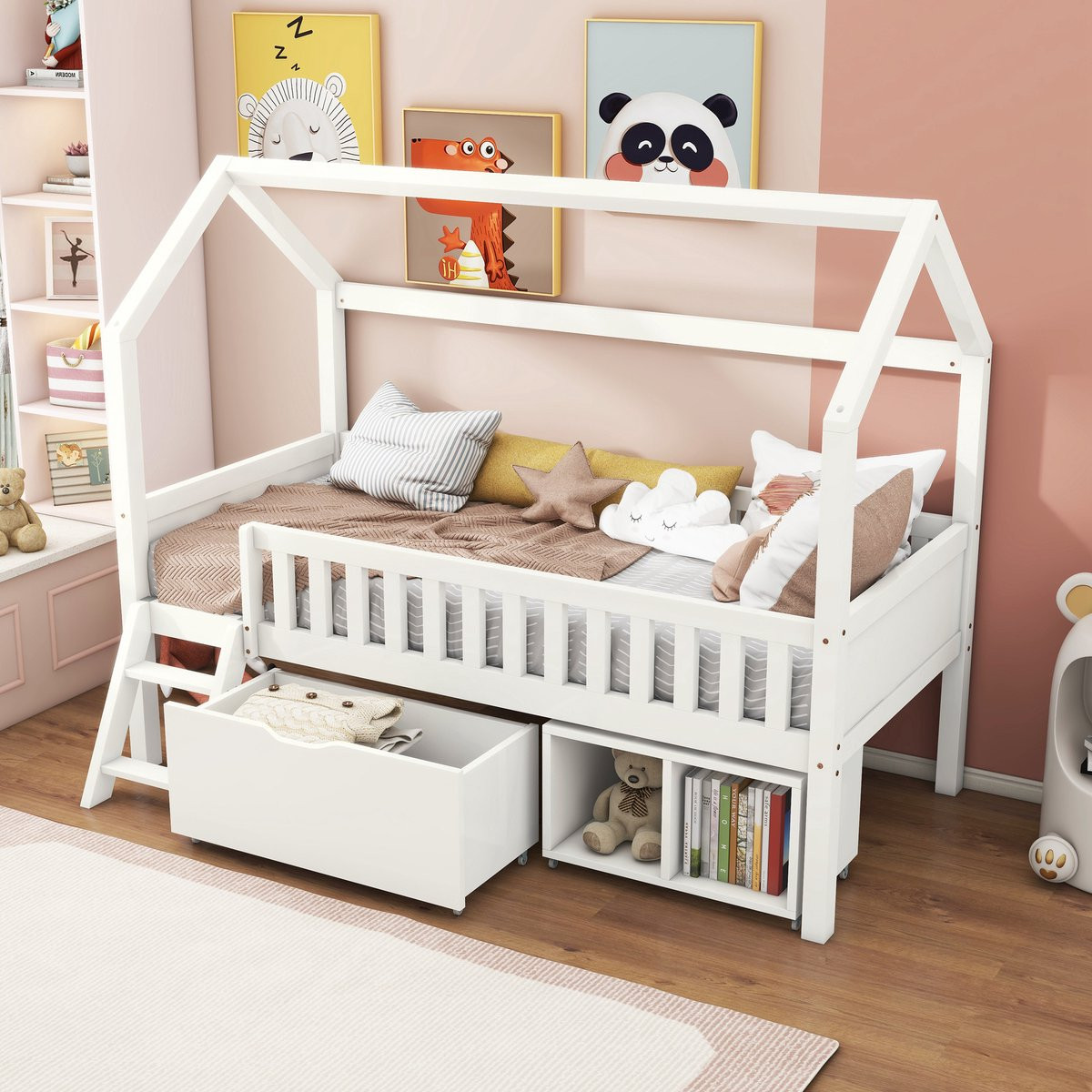 Sweiko Kinderbed met lades, opslagvakken en uitvalbeveiliging, Wit, 90 x 200 cm